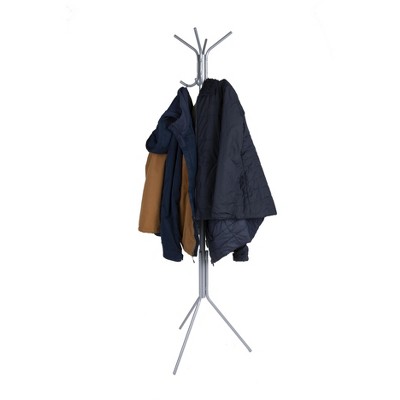 Silver Metal Floor-Standing Coat Rack with Umbrella Stand