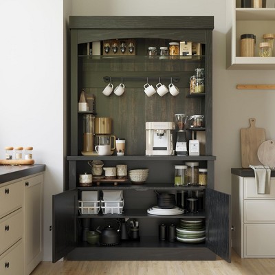 Coffee Bar Cabinet  72" Tall Buffet Cabinet with Storage Farmhouse Kitchen Sideboard Tall Coffee Hutch w/Microwave Stand/Wine Rack/Glass Shelf