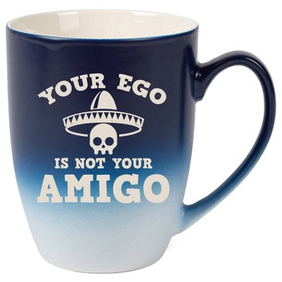 100 North Skull Sombrero 10 Ounce Navy Blue and White Two Toned Ombre, Comfortably Fits Your Hands, Ceramic Tea Coffee Cup Mug, Your Ego Is Not Your