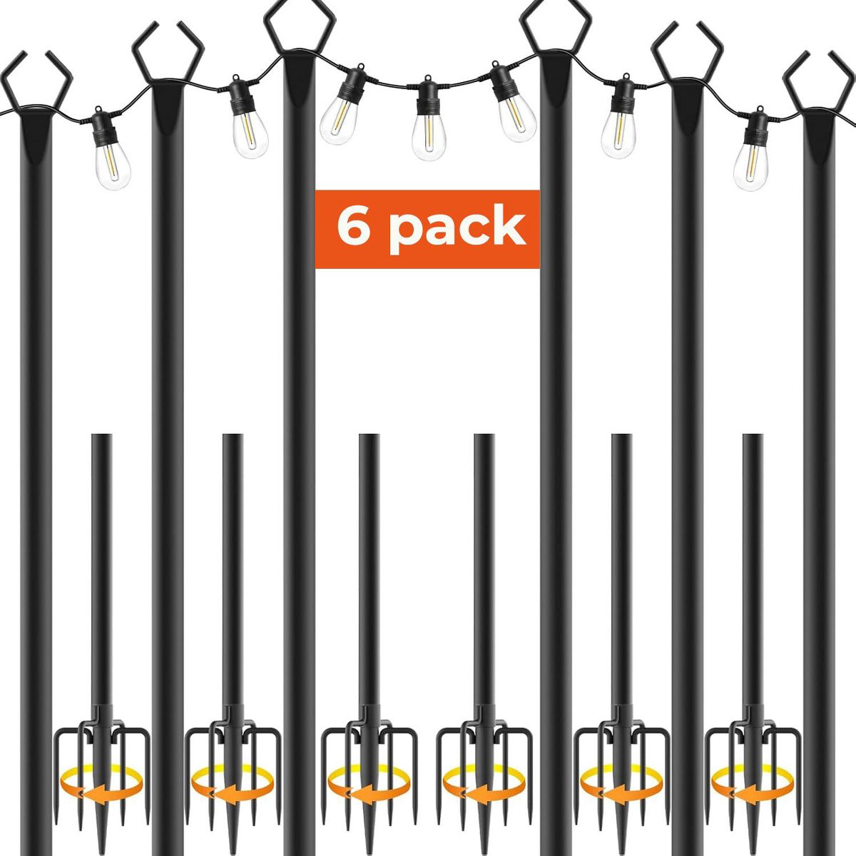 Swtroom 6 Pack Light Poles String-10FT, Light Outdoor Poles, Metal Stand Deck Patio Backyard
