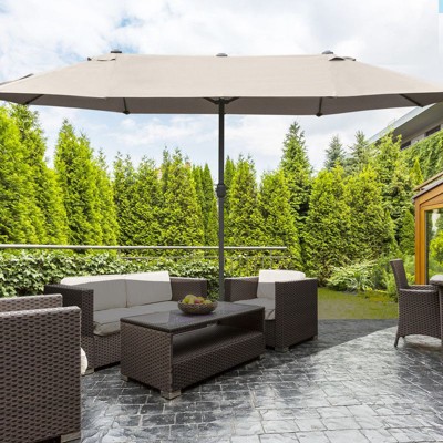 VisioGear Patio Umbrella, Rectangular Outdoor Double Sided Market with base, Easy Crank for Deck Pool Patio, Brown, 15.1*8.9*7.9