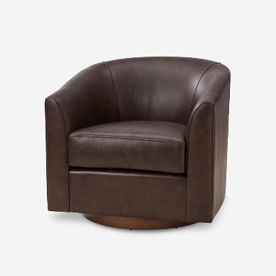 Molly Modern 360-degree Swivel Barrel Genuine Leather Chair with Solid Wood Base|ARTFUL LIVING DESIGN-BROWN