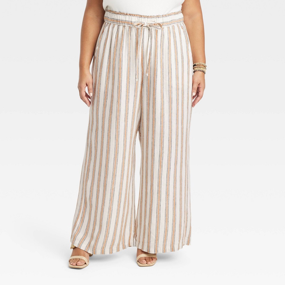 Women's High-Rise Wide Leg Linen Pants - Ava & Viv™ Tan Striped 1X