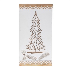 HomeRoots 19" X 10" Natural And White Wood Christmas Tree Hanging Wall Decor - 1 of 4