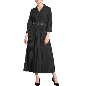 INSPIRE CHIC Women's Casual Pleated Collar V Neck Belted Maxi Dresses - 1 of 4