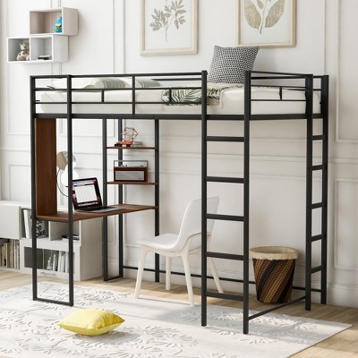 ALEXOUN Modern Heavy Metal Bunk Bed with 2 Ladders Metal Loft Bed with Desk for Bedroom, Dorm,Apartment Space-Saving,Silver