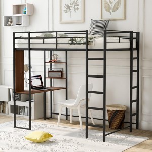 ALEXOUN Modern Heavy Metal Bunk Bed with 2 Ladders Metal Loft Bed with Desk for Bedroom, Dorm,Apartment Space-Saving,Silver - 1 of 4