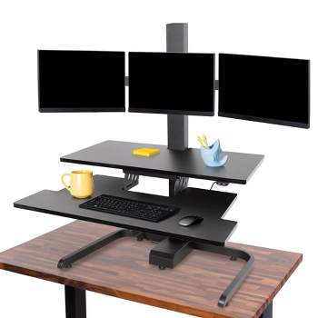 Techtonic Electric 3 Arm Monitor Mount Standing Desk - Sit to Stand Desk Converter with Keyboard Tray – Black – Stand Steady