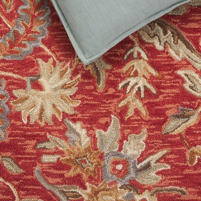 Red Floral Hand-Hooked Wool Area Rug, 6' x 9'