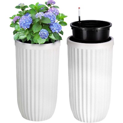 14.5 Inch Tall Planter Set of 2, Large Flower Pot with Water Monitoring Device and Hidden Wheels, Garden Pot for Living Room, Patio, Black