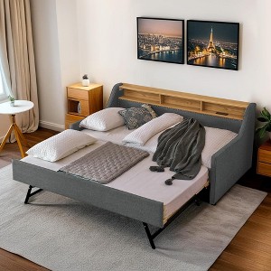 QingMoon Twin Upholstered Sofa Bed, Linen Daybed Frame with Adjustable Storage Headboard, Wireless Charging Station and Drawers for Bedroom - 1 of 4