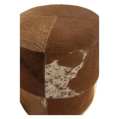 Handmade Patchwork Leather Cylinder Ottoman in Brown - 16" x 16" x 16"