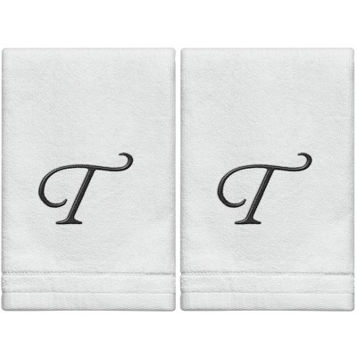 Creative Scents Set of 2 White Fingertip Monogrammed Towels, Black Embroidered