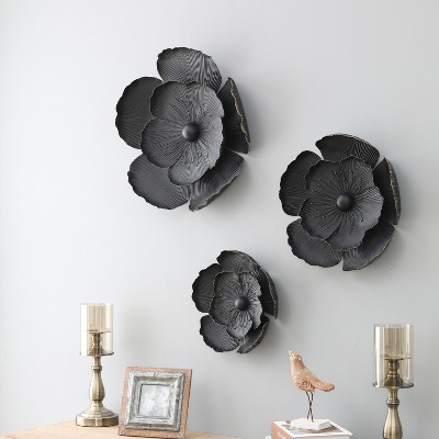 LuxenHome Black and Gold Metal Flower Wall Sculptures Set