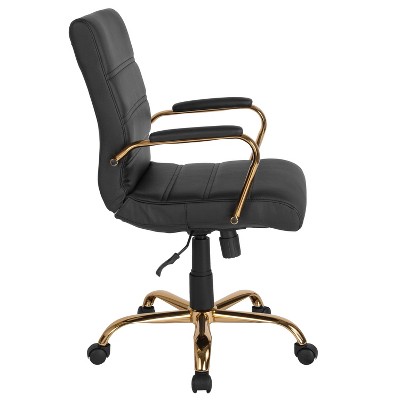Mid-Back Black LeatherSoft Executive Swivel Office Chair with Gold Frame