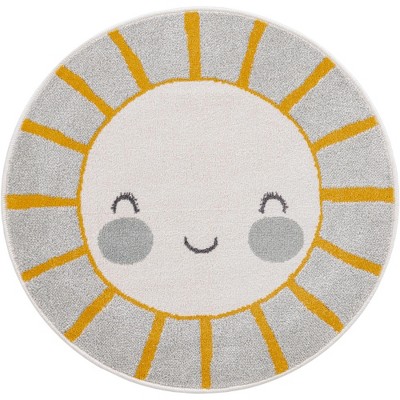 Whimsy Gray and Yellow Round Kids Synthetic Rug