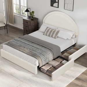 Bed Frame with Storage Drawers, Upholstered Boucle Platform Bed with Round Headboard, Heavy Duty & Noise Free, No Box Spring Needed - 1 of 4