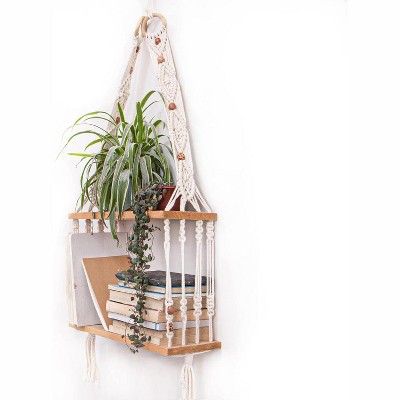 Attop Boho Wall Hanging Shelves Macrame Floating Plant Photos Wood Shelf for Bedroom Living Room Apartment Decor