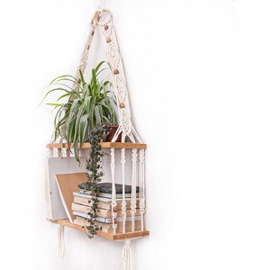 Attop Boho Wall Hanging Shelves Macrame Floating Plant Photos Wood Shelf for Bedroom Living Room Apartment Decor - 1 of 4