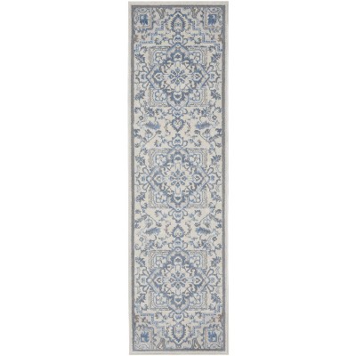 Ivory Blue Floral Medallion Handmade Area Rug 27"x4.7"