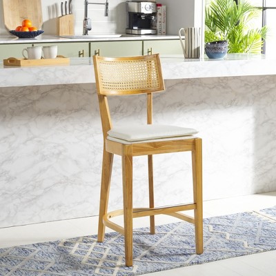 Natural Wood and Woven Cane Counter Stool with White Cushion