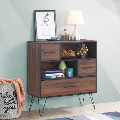 Walnut Multipurpose Sideboard Storage Cabinet with Metal Legs and Drawers