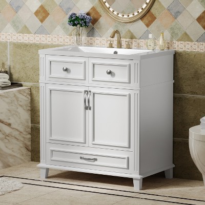 30''W Bathroom Vanity with Resin Sink, Retro Style Solid Wood Frame Bathroom Storage Cabinet with Soft Closing Doors and 1 Drawer - ModernLuxe