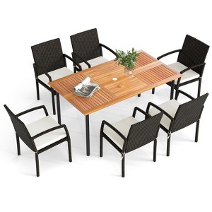 Tangkula 7- Piece Patio Dining Furniture Set Acacia Wood and Wicker Dining Table Armchairs Navy/Red/White/Turquoise - 1 of 4
