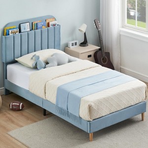 Twin/Twin XL/Full Bed Frames, Velvet Upholstered Platform Bed Frames with Bookcase Headboard, Kids Bed for Girls, Heavy Duty Steel Support Legs - 1 of 4