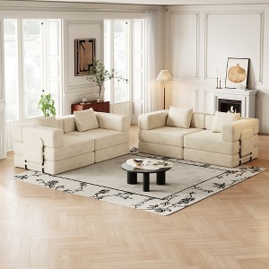 4-Seater Corduroy Fabric Folding Convertible Sofa Bed with Side Storage Pockets, Cushions Included, Space-Saving for Living Room, Bedroom, and Study - 1 of 4