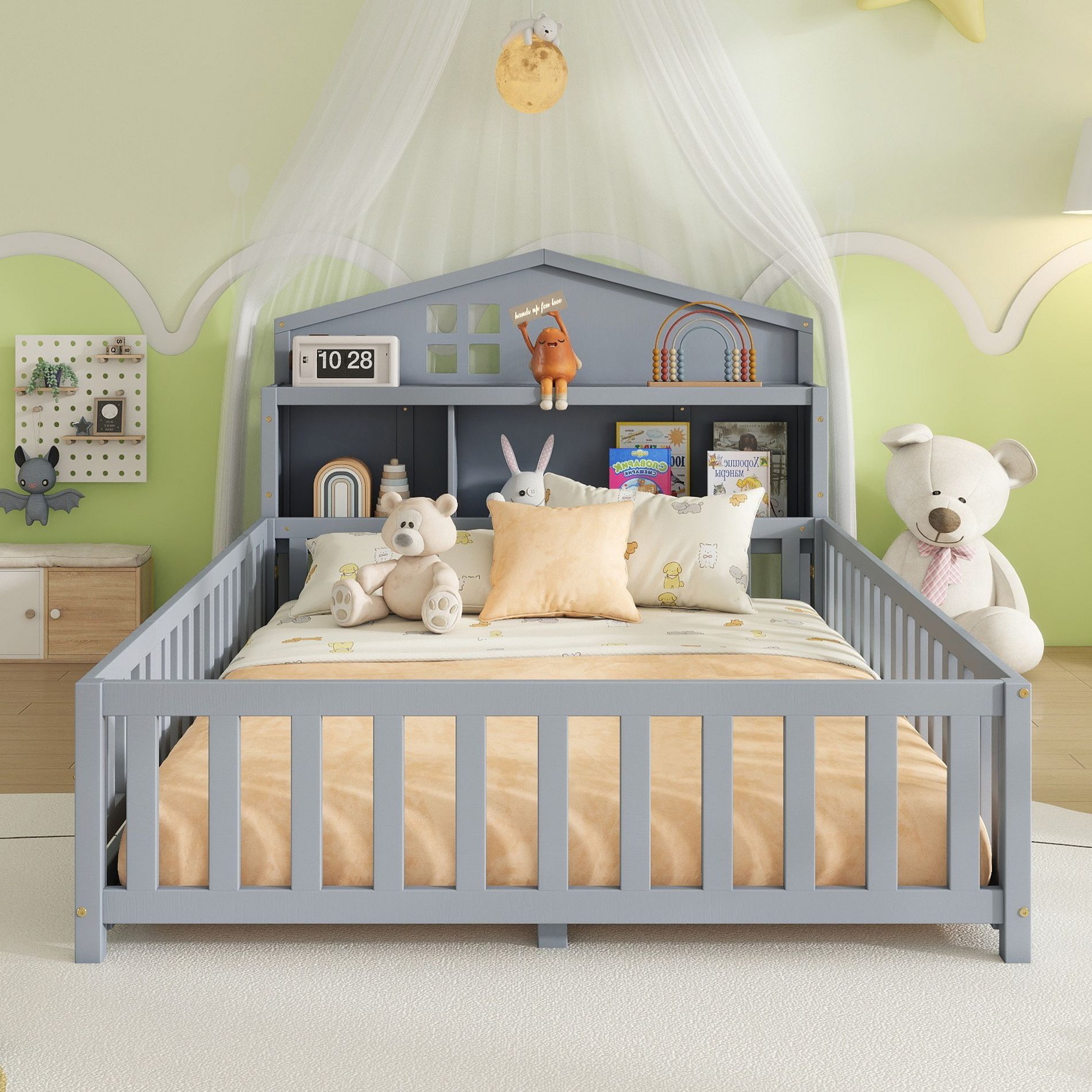 GDFStudio Geraldine Full-size Montessori Floor Bed with Blackboard, Bookcases and Guard Rails, Grey