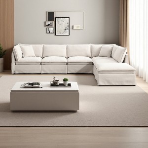 125.5" Chenille L-Shaped Sectional Sofa with Ottoman & Skirted Design - 1 of 4