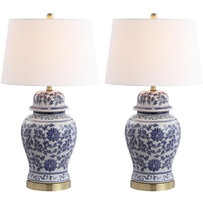 Elegant Arwen Blue and White Ceramic Table Lamp Set with Brass Accents