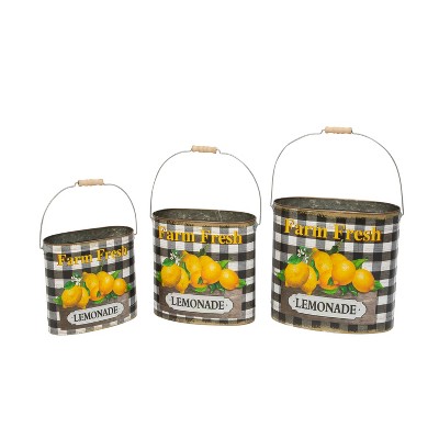 Gerson International Assorted Metal Nesting "Farm Fresh Lemonade" Decorative Buckets, Set of 3.