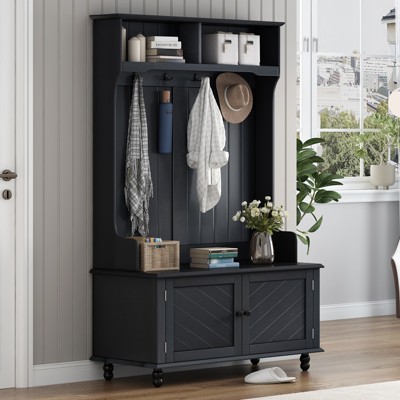 Versatile Entryway Coat Rack Hall Tree with 4 Hooks, Wood Entryway Coat Hanger Built-in Storage Bench with 2 Top Open Storage Shelves Black