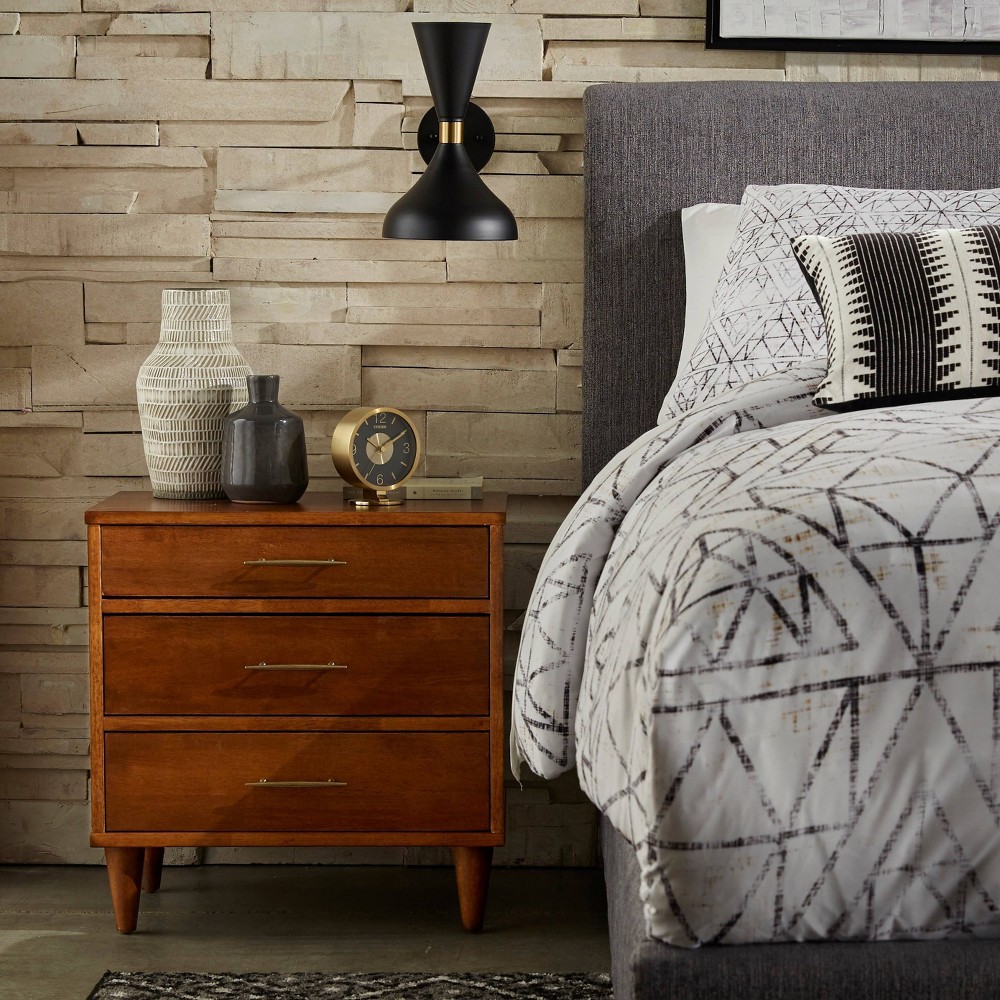 Ana Nightstand Oak - Lifestorey: Mid-century 3 Drawer Table, Rubberwood Veneer, Antique Brass Pulls