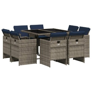 vidaXL Patio Dining Set, 8-Piece Outdoor Gray Rattan Dining Table and Navy Blue Cushioned Chairs - 1 of 4