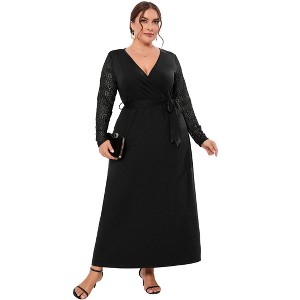 Coolmee Womens Plus Size Spring Fall Maxi Dress Long Sleeve Lace Sleeve Dress Deep V Neck Long Dress with Belt - 1 of 4