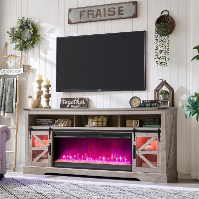 SinCiDo Fireplace TV Stand for 85" TV, w/ Sliding Barn Doors, Remote Control Adjustable 3D Fireworks and LED Lamp, w/ 42" Electric Fireplace TV Stand