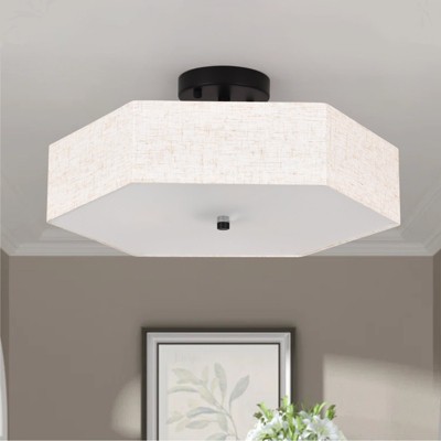 PAKOKULA Farmhouse 17.7 in. 3-Light Matte Black Semi-Flush Mount Ceiling Light With Hexagonal Linen Fabric Shade