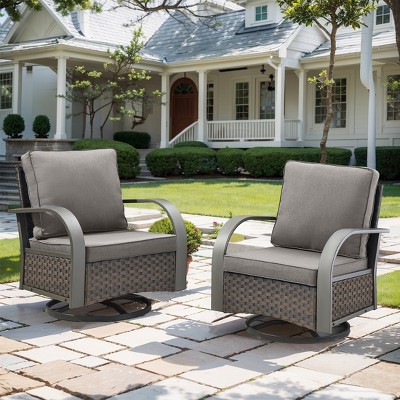 POCASSY Outdoor Swivel Glider Chairs, Patio Wicker Swivel Rocking Chairs with Powder-Coated Steel Armrest