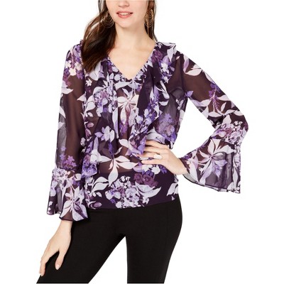 I.N.C International Concepts Womens V-Neck Flutter Sleeve Floral Pullover Blouse, Purple, X-Small