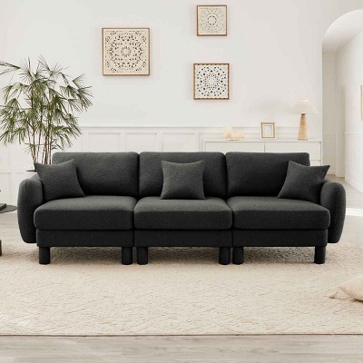 Modern Boucle 3-Seater Sectional Sofa, Sculptural Style Couch with Armrests and Cylindrical Legs, Fabric Couch with Plush Cushion-Coolbibila