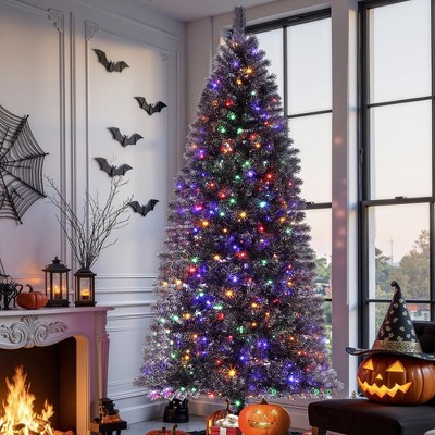 6/7.5ft Prelit Black Christmas Tree with Lights, Slim Artificial Halloween Tree, Automatic Branches