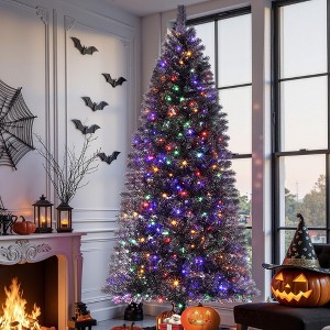 6/7.5ft Prelit Black Christmas Tree with Lights, Slim Artificial Halloween Tree, Automatic Branches - 1 of 4