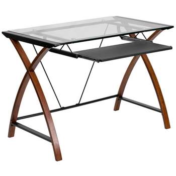 Emma and Oliver Glass Computer Desk-Pull-Out Keyboard Tray & Crisscross Frame