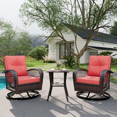 3 Piece Outdoor Swivel Chairs, Wicker Patio Bistro Set with Thickened Cushions and Side Table, Patio Swivel Rocking Chairs for Porch, Backyard