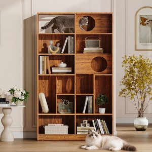 GDFStudio Odom Modern 2 IN 1 Wood Bookshelf Cat House with Storage