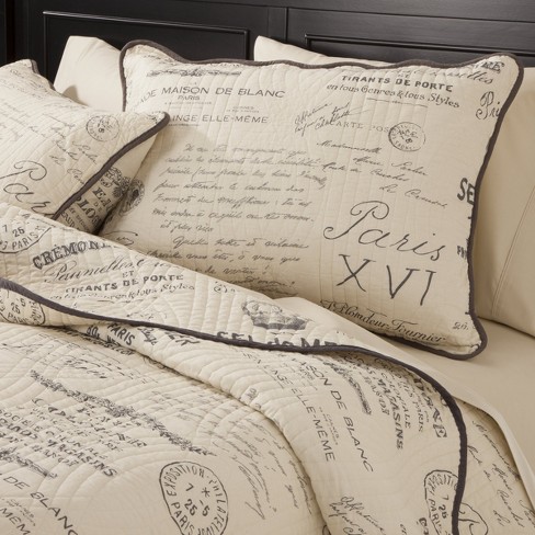 Gray Cream Reversible Script Quilt Set 3 Piece King Homthreads