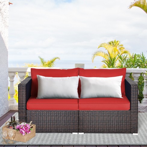 Black sofa 2024 red cushions